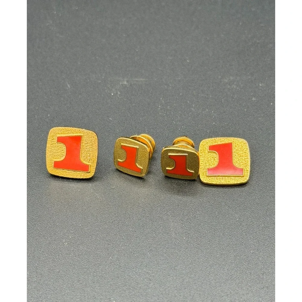 Vintage Red Number 1 Enamel Lapel Pins & Cufflinks Set Gold Tone Screw Back